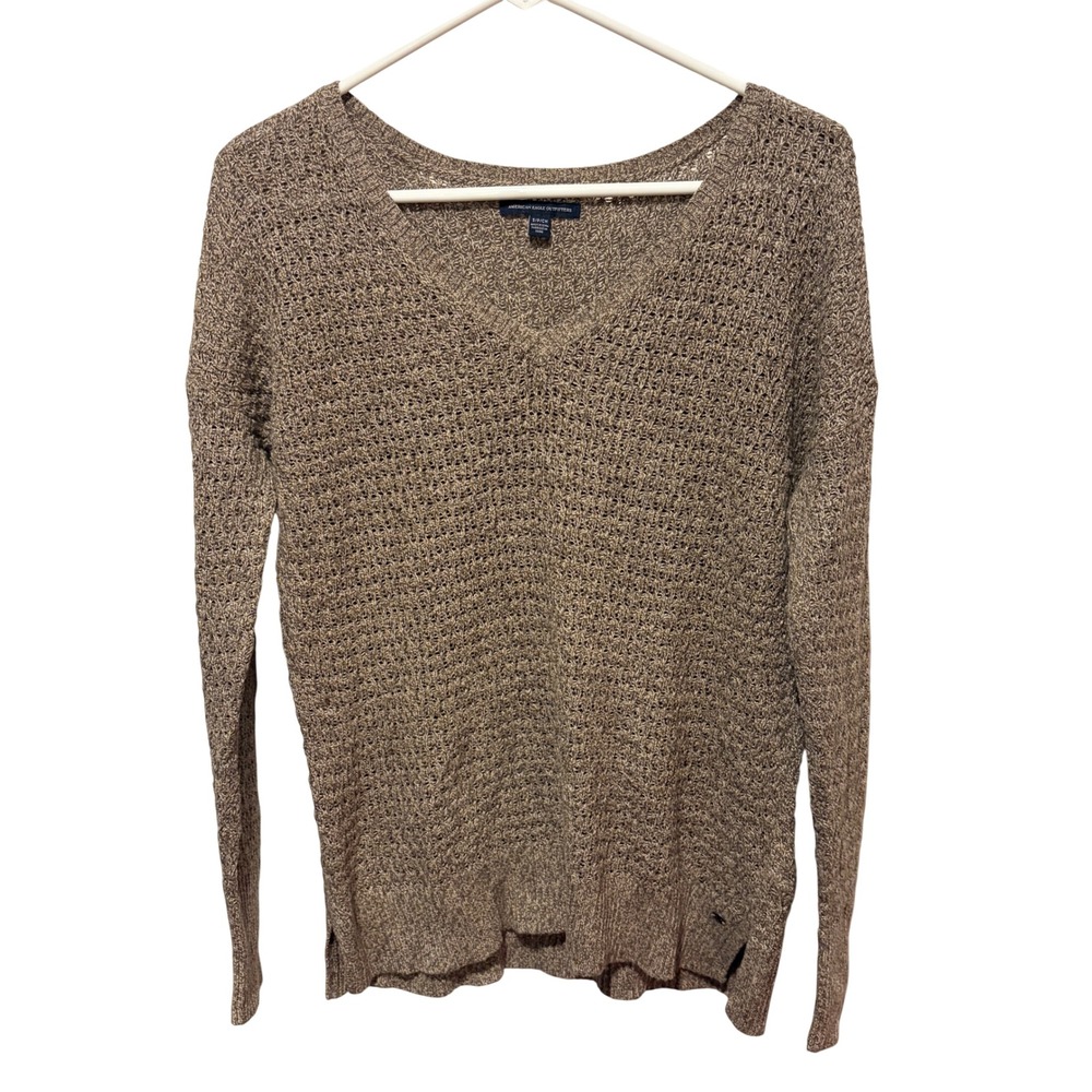 American Eagle Outfitters Women Brown Marled Open Knit V-Neck Sweater Small